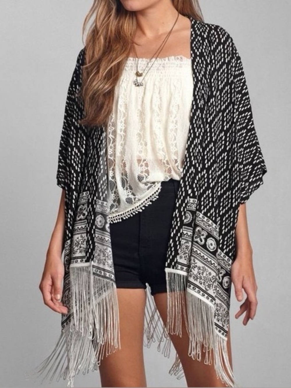 Abercrombie & Fitch Kimono Shawl Swim Suit Cover Up One Size Fringed Boho W4
